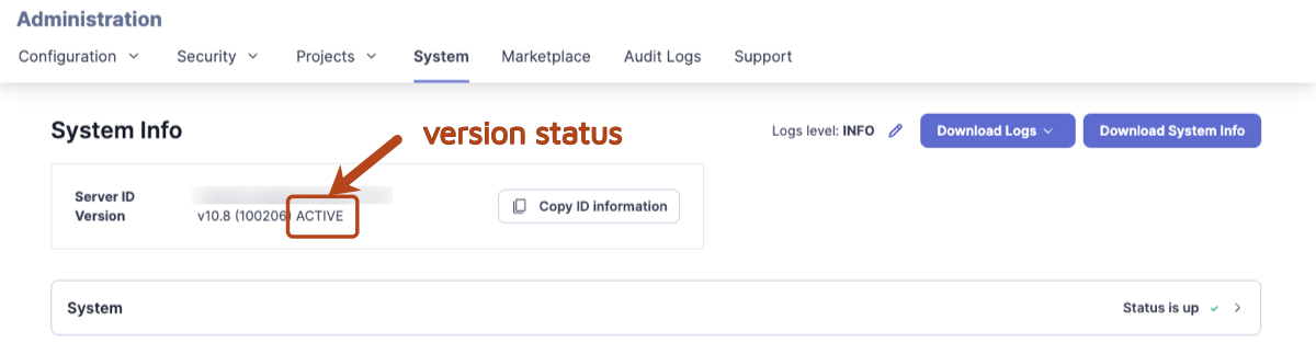 Version status indicator on the System information page