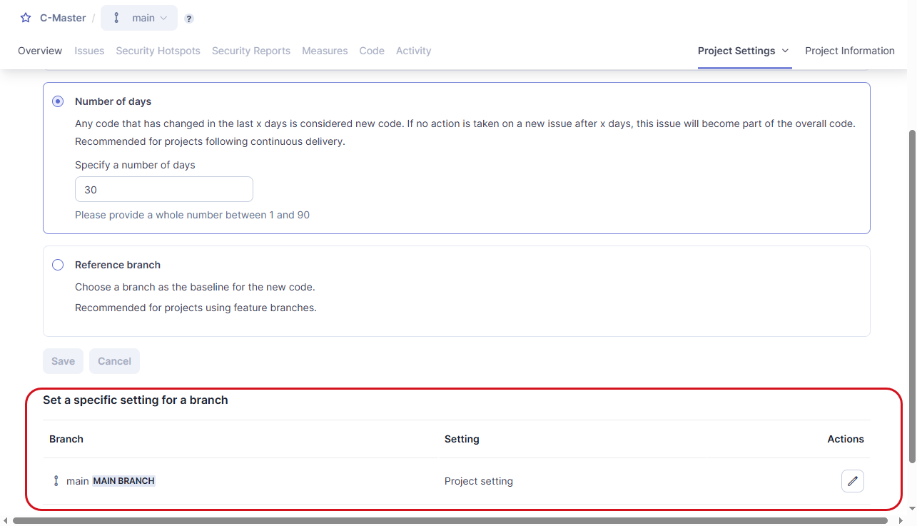 Changing new code definition for a specific branch