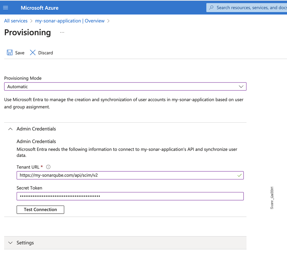 In the Provisioning page of MS Entra ID, set the automatic mode and enter the admin credentials