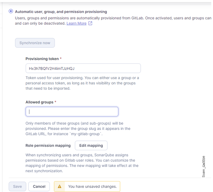 Enable the automatic provisioning in SonarQube Server by entering the GitLab token